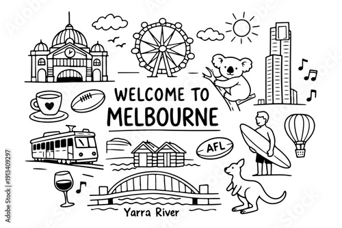 Melbourne Australia travel doodle set, hand drawn city landmarks, australian animals, coffee culture and different other icons in line art style