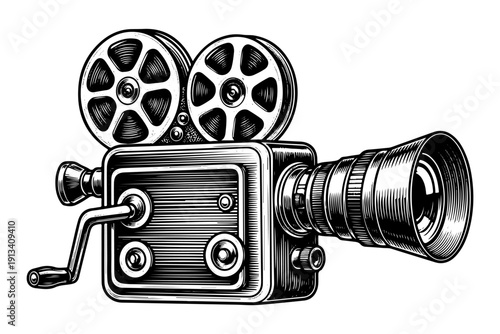 Vintage movie camera engraving, antique film projector sketch and retro cinema equipment in woodcut style isolated