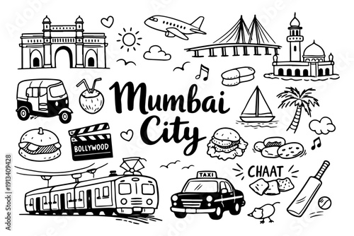 Mumbai India travel doodle set, hand drawn city landmarks, traditional symbols and indian street food in line art style