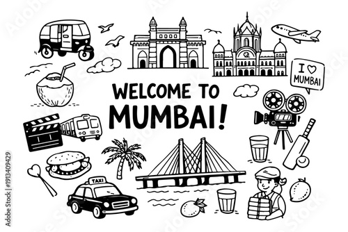 Mumbai India travel doodle set, hand drawn city landmarks, traditional symbols and indian street food in line art style