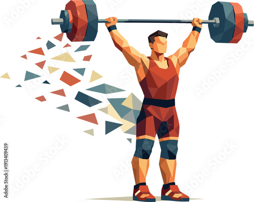 Low-poly vector illustration of a weightlifter stabilizing and standing tall after the clean and jerk, controlled angular posture