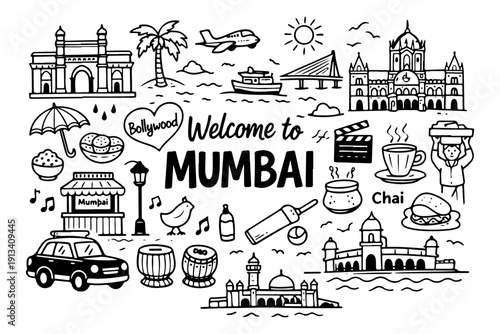 Mumbai India travel doodle set, hand drawn city landmarks, traditional symbols and indian street food in line art style