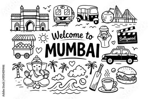 Mumbai India travel doodle set, hand drawn city landmarks, traditional symbols and indian street food in line art style