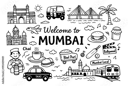 Mumbai India travel doodle set, hand drawn city landmarks, traditional symbols and indian street food in line art style