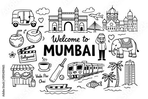 Mumbai India travel doodle set, hand drawn city landmarks, traditional symbols and indian street food in line art style