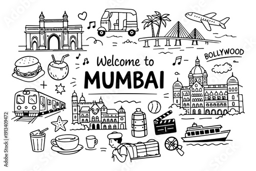 Mumbai India travel doodle set, hand drawn city landmarks, traditional symbols and indian street food in line art style