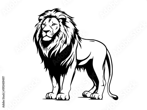 "Vector style lion silhouette roaring on top of a mountain rock, bold black solid fill, detailed mane outline, tail hanging down, side facing pose, high contrast, simple background"