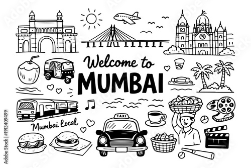 Mumbai India travel doodle set, hand drawn city landmarks, traditional symbols and indian street food in line art style