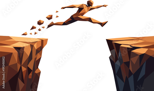 Low-poly vector illustration of a canyon jump gap as a direct hero depiction, angular human figure constructed from sharp
