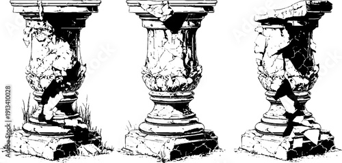 Vintage engraved illustration of broken marble columns and drum for historical design projects