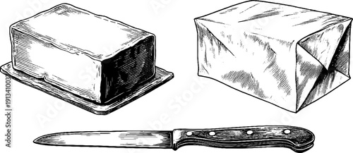 Vintage butter illustration set with knife and wrapped block - design for food packaging and labels