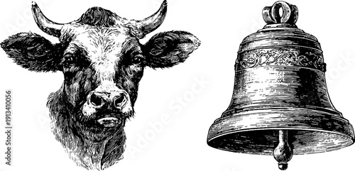 Vintage engraved illustration of calf and bell for retro design projects
