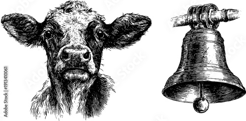 Vintage engraving of calf head and bell for retro farm design and decor