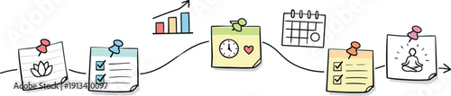 Milestone roadmap path, notebook strips as checkpoints, mini chart and calendar icons, pinned sticky notes for Meditation session