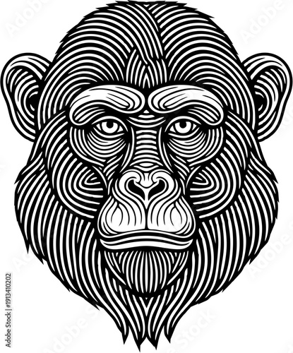 Stylized Chimpanzee Head Line Art Illustration, Black and White Tribal Primate Design
