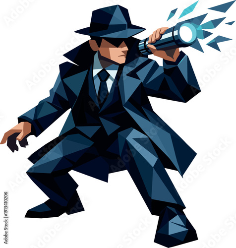 Low-poly vector illustration of a detective preparing to search with a spotlight, grounded angular stance with knees slightly