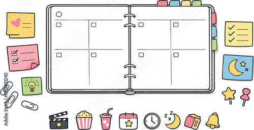 Minimalist Planner Essentials. Open weekly planner spread, tabbed notebook pages, paper clips and sticky notes, small reminder