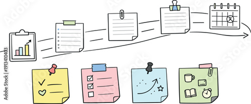 Milestone roadmap path, notebook strips as checkpoints, mini chart and calendar icons, pinned sticky notes for Habit stacking