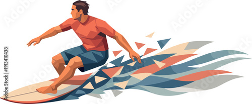 Low-poly vector illustration of a surfer exiting the cutback smoothly, relaxed yet confident angular stance with surfboard