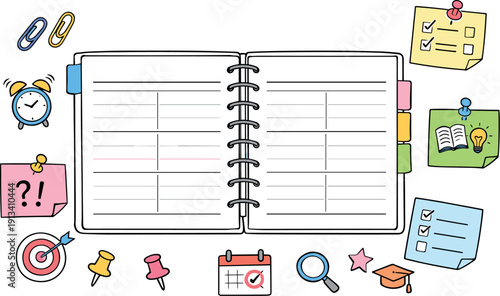 Open weekly planner spread, tabbed notebook pages, paper clips and sticky notes, small reminder icons for Certification exam plan