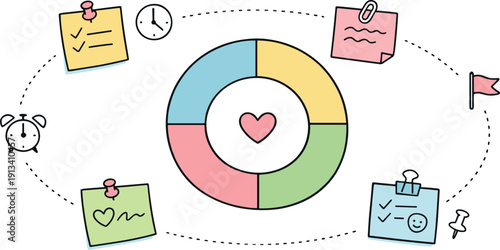 Circular planning wheel, orbiting sticky notes, tiny clock and flag icons, curved dotted paths for Therapy session reminders with