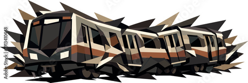 Low-poly vector illustration of a metro train at peak rush intensity, body visually strained with angular distortion along the