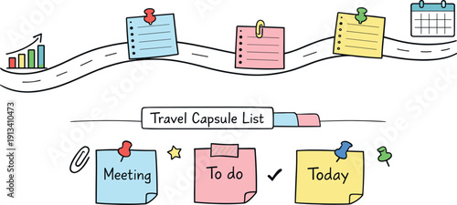 Milestone roadmap path, notebook strips as checkpoints, mini chart and calendar icons, pinned sticky notes for Travel capsule