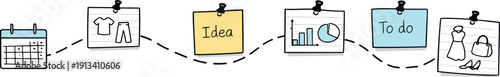 Milestone roadmap path, notebook strips as checkpoints, mini chart and calendar icons, pinned sticky notes for Capsule wardrobe