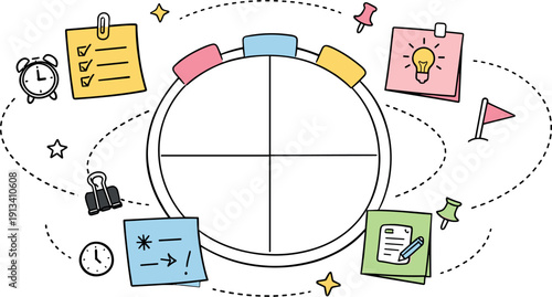 Circular planning wheel, orbiting sticky notes, tiny clock and flag icons, curved dotted paths for Proposal deadline calendar