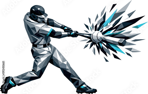 Low-poly vector illustration of a baseball batter smashing through the ball in a decisive breakthrough moment, perfectly aligned