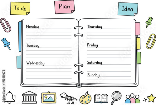 Open weekly planner spread, tabbed notebook pages, paper clips and sticky notes, small reminder icons for Museum education