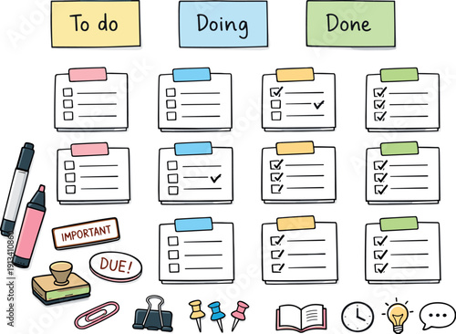 Minimalist Study Planner. Kanban task cards on paper, column headers on sticky notes, stamps and markers, checklist symbols for