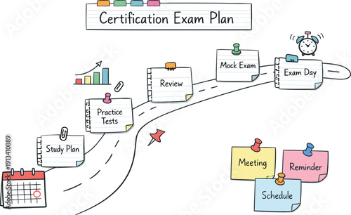 Milestone roadmap path, notebook strips as checkpoints, mini chart and calendar icons, pinned sticky notes for Certification exam