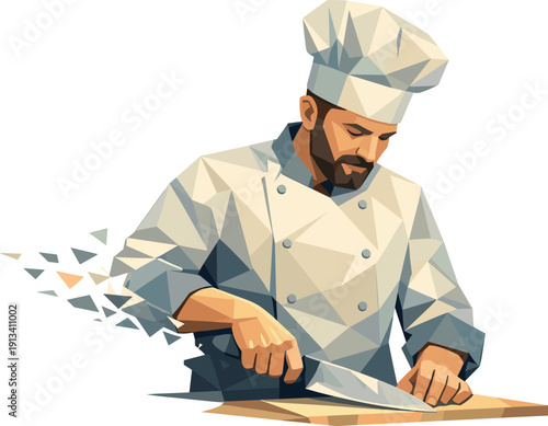Low-poly vector illustration of a chef finishing the knife chop in controlled follow-through, blade lowered slightly with