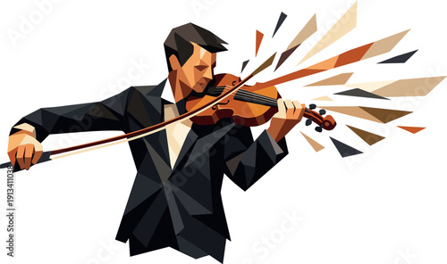 Low-poly vector illustration of a violinist executing a sweeping bow stroke, single musician with sharply faceted anatomy and