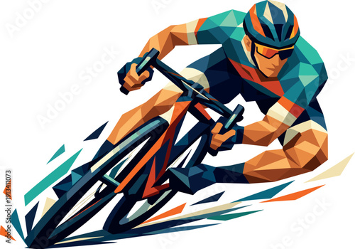 Low-poly vector illustration of a cyclist initiating the sharp turn, bike leaning deeper with exaggerated angular geometry,