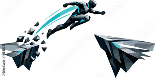 Low-poly vector illustration of a canyon jump gap breakthrough moment, figure clearing the gap with a powerful forward arc as the
