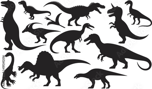 Dinosaur Silhouette Collection Featuring Tyrannosaurus Spinosaurus Triceratops and Velociraptor Prehistoric Reptiles Isolated on White Background Vector Illustration Set