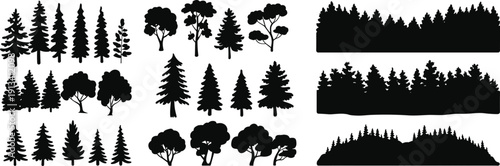 Forest Tree Silhouette Collection Featuring Pine Fir and Woodland Landscape Elements Isolated on White Background Vector Illustration Set