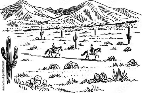 Western Desert Landscape Illustration Featuring Cowboys Riding Horses with Cactus and Mountains Vintage Hand Drawn Line Art Style