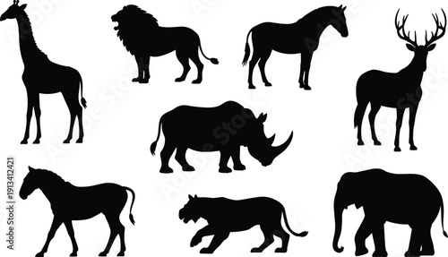 Wild Animal Silhouette Collection Featuring Giraffe Lion Horse Deer Rhino Elephant and Big Cat Isolated on White Background Vector Set