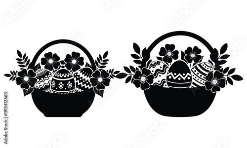 Easter silhouette of two flower filled baskets with eggs and floral arrangements for spring