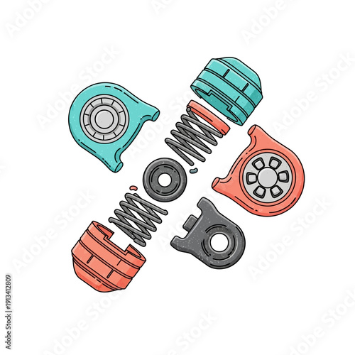 Dynamic Vector illustration of a disassembled sensory fidget toy, highlighting its mechanical springs, bearings, and vibrant components for tactile stimulation, focus, and stress reduction