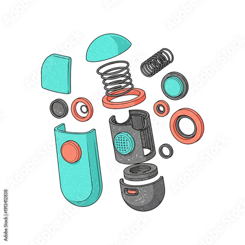 Exploded view illustration of a sensory fidget toy, showcasing its intricate internal components and design for tactile stimulation and stress relief