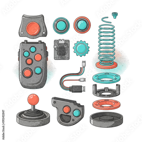 Vector illustration of disassembled retro game controller parts, showcasing joysticks, buttons, springs, and circuitry, ideal for vintage electronic play and toy design