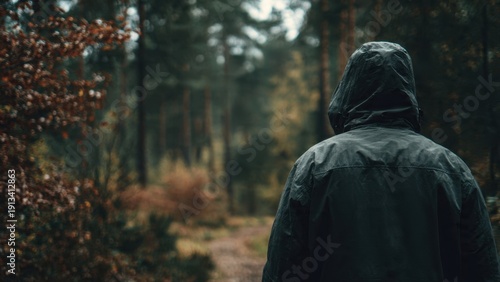 Man in Hooded Jacket Walking in Forest