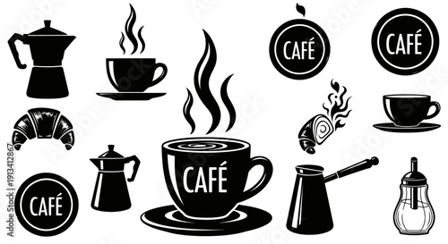 Collection of black and white coffee shop icons and illustrations.