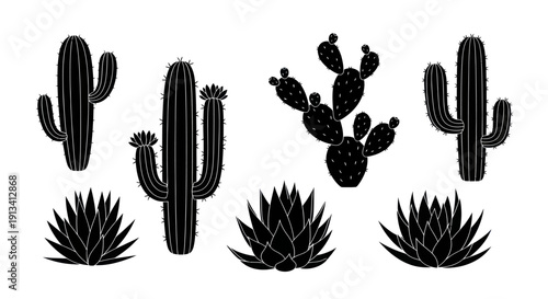 Collection of Black Silhouette Desert Cacti and Agave Plants.
