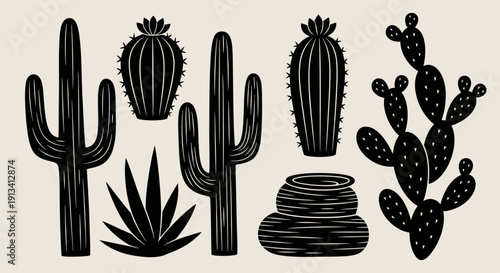 Collection of Black Silhouette Desert Cacti and Succulents.