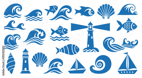 Collection of blue nautical symbols including waves, fish, lighthouses, seashells, and sailboats.